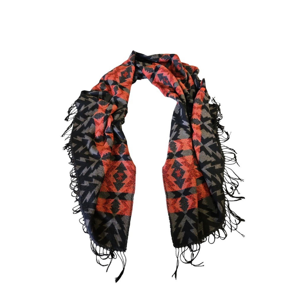 Fringed Geometric Pattern Scarf in Black and Red